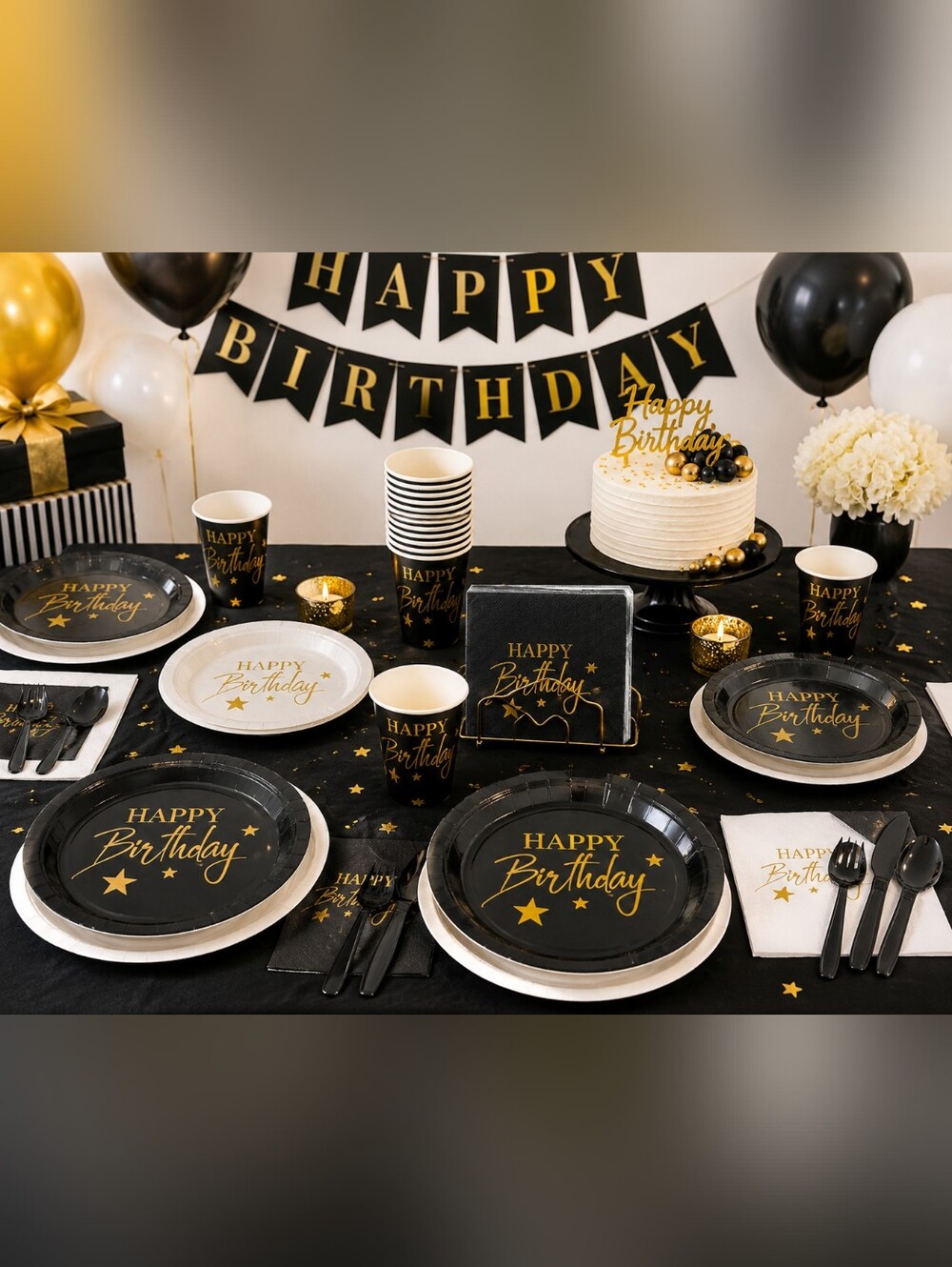 Black Gold Happy Birthday Party Supplies Set for 24 Plates Cups Napkins Cutlery